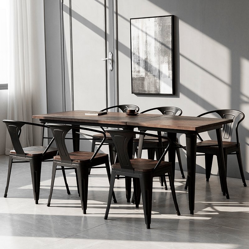 Scandinavian simple industrial style solid wood and iron dining room table and chair set for two and four people