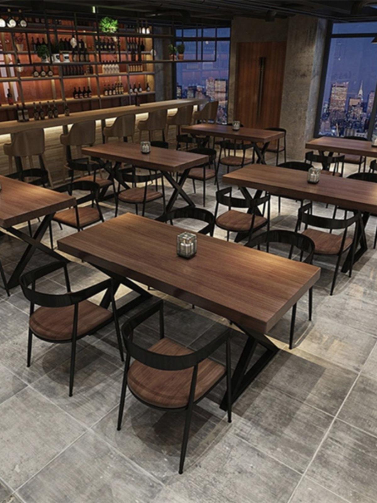 Scandinavian simple industrial style solid wood and iron dining room table and chair set for two and four people