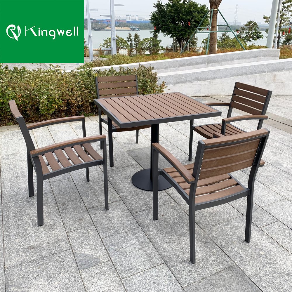 Cafe Furniture Dining Set Outdoor Restaurant Aluminum Dining Table Set Plastic Wood Top Garden 4 chairs Sets For Hotel