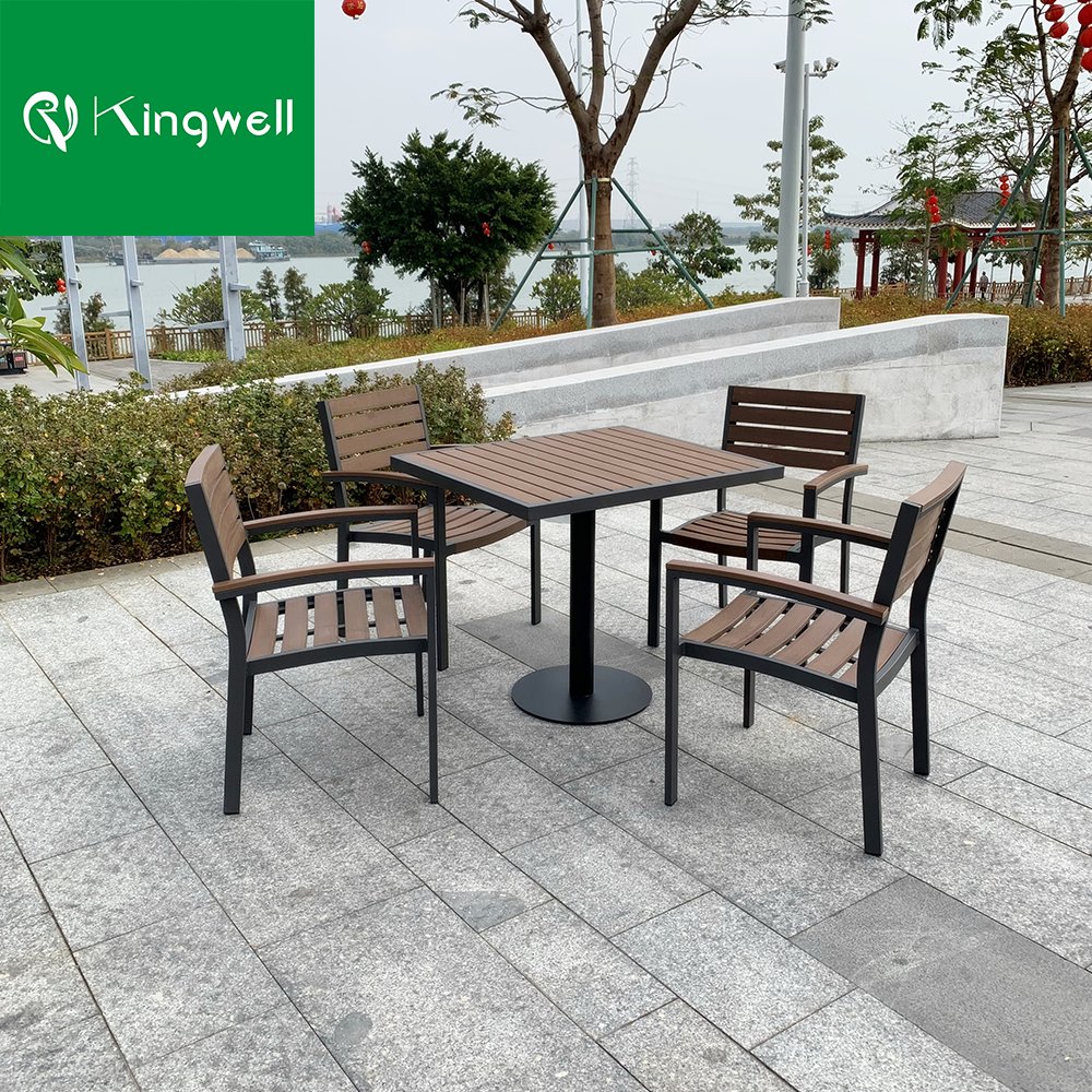 Cafe Furniture Dining Set Outdoor Restaurant Aluminum Dining Table Set Plastic Wood Top Garden 4 chairs Sets For Hotel