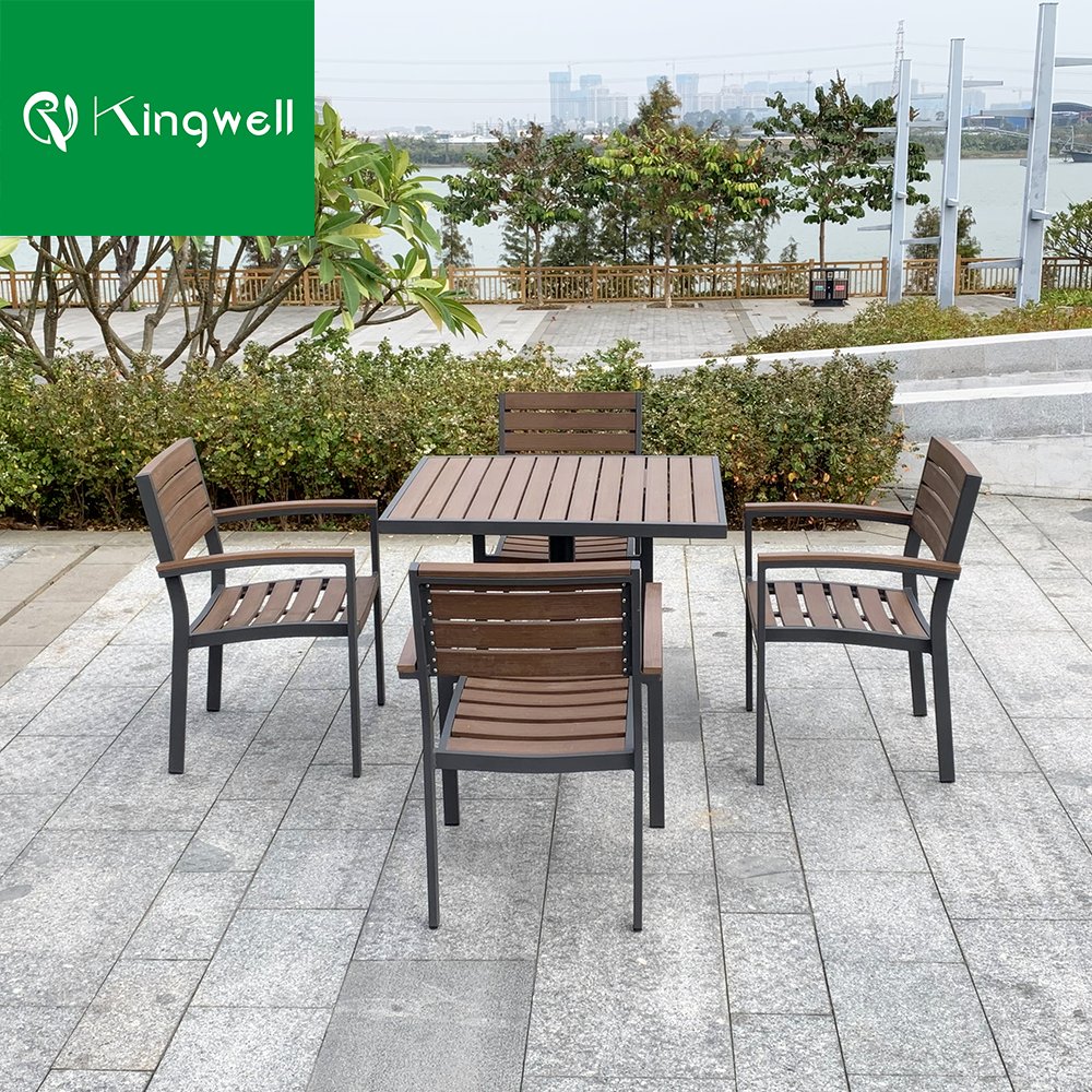 Cafe Furniture Dining Set Outdoor Restaurant Aluminum Dining Table Set Plastic Wood Top Garden 4 chairs Sets For Hotel