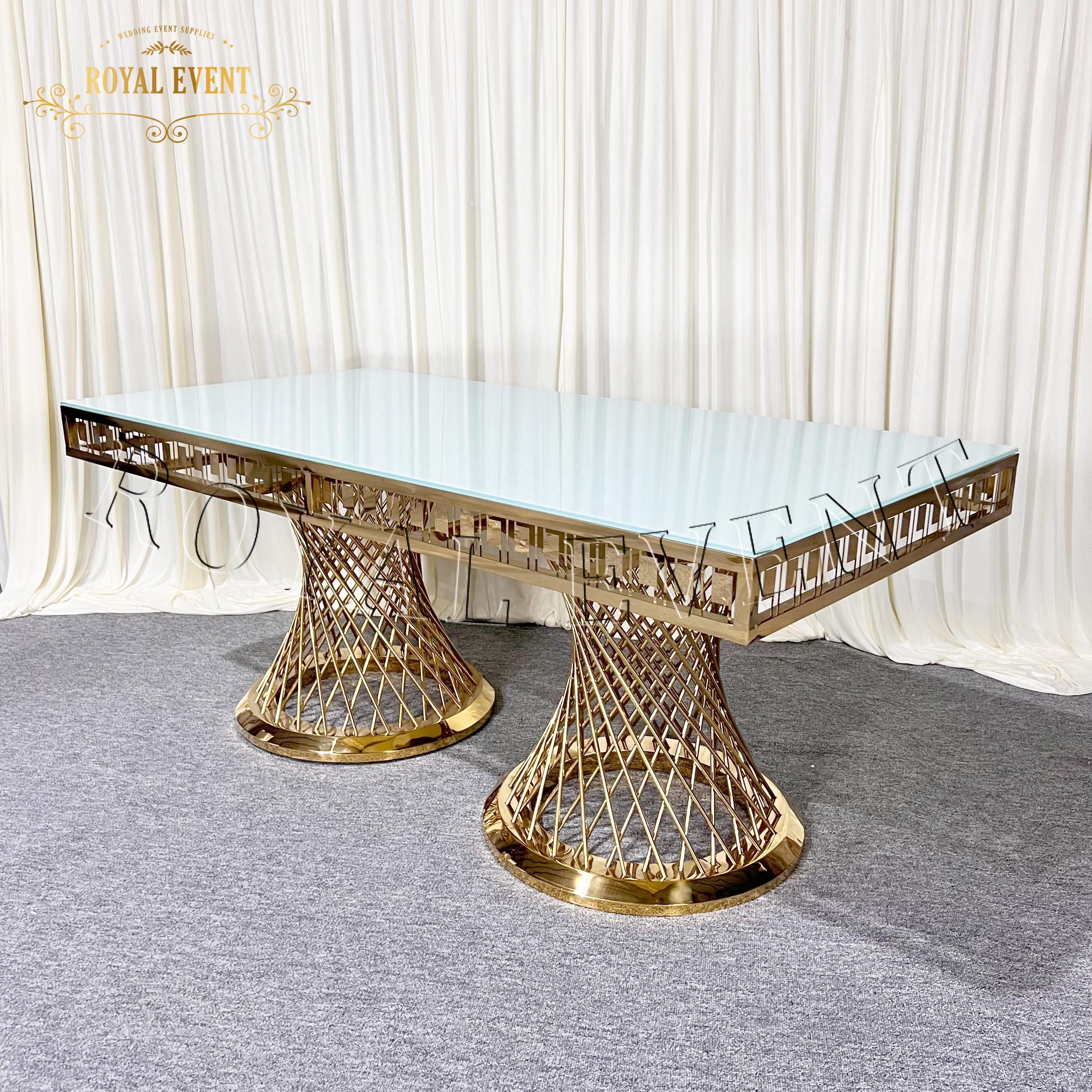 Luxury design Elegant Wedding table Restaurant furniture Stainless Steel dining Table for events glass rectangual Dining Table