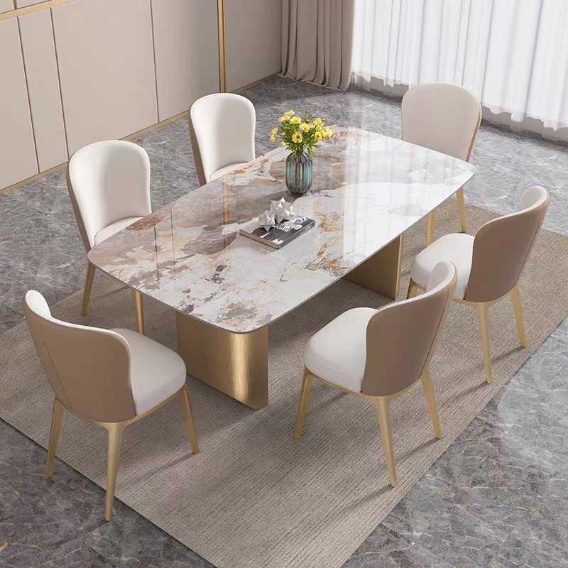 Factory Cheap Price Stainless Steel Leg Dining Table Set Slate Dinning Table With Chairs Unique Vein Kitchen Plate Table