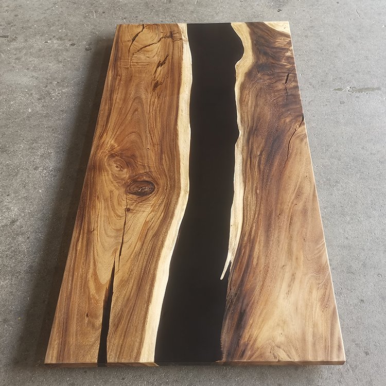 Hot home office hotel live edge solid wood epoxy slab table black river epoxy resin wood table top