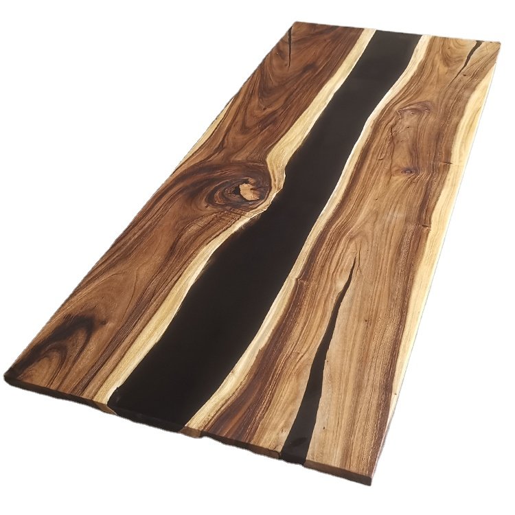 Hot home office hotel live edge solid wood epoxy slab table black river epoxy resin wood table top