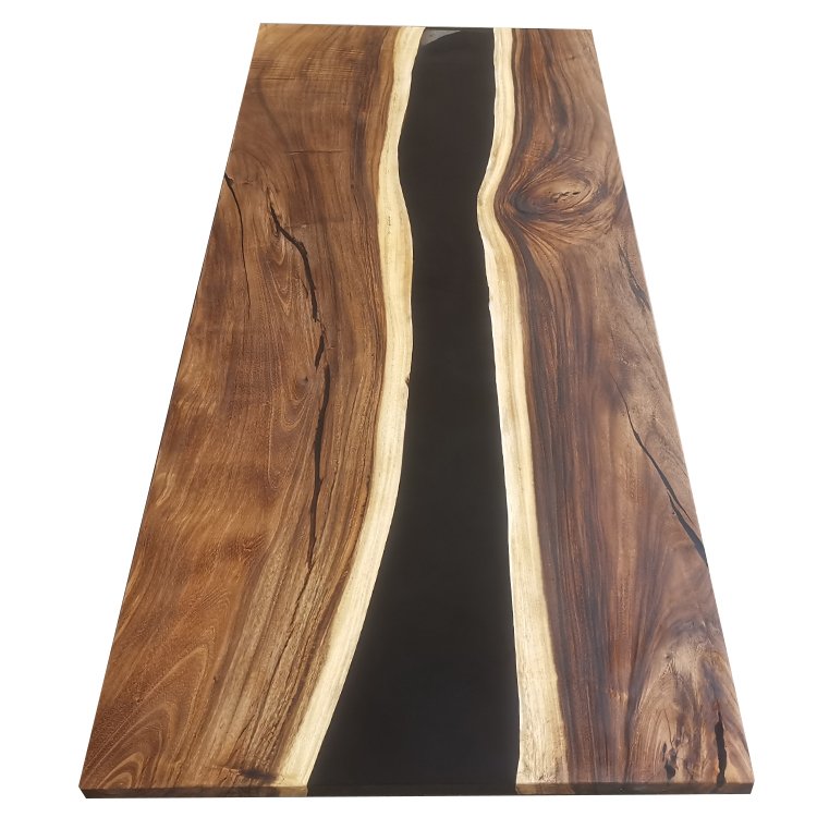 Hot home office hotel live edge solid wood epoxy slab table black river epoxy resin wood table top