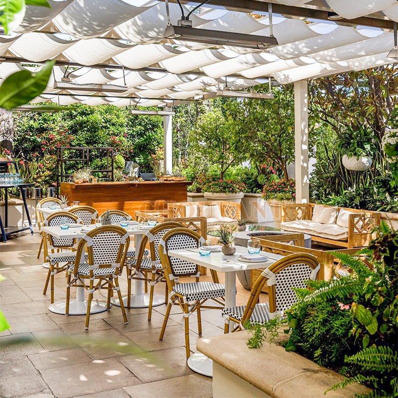 European outdoor restaurant french bistro rattan aluminum arm chairs