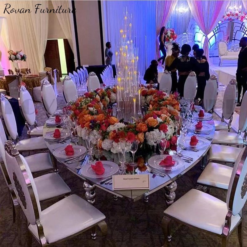 Modern new design mirror glass top sliver stainless steel dining table for wedding and event