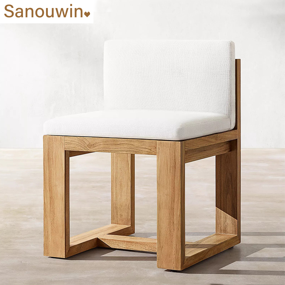 Minimalist Outdoor Dining Set All-Weather Solid Teak Wood Table & Chair with Cushion Modern Style for Hotels and Parks