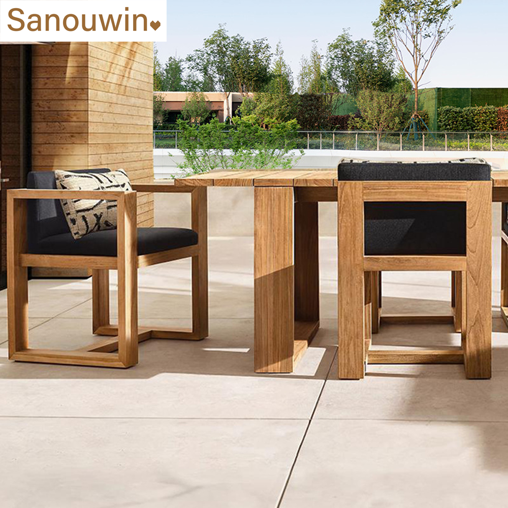 Minimalist Outdoor Dining Set All-Weather Solid Teak Wood Table & Chair with Cushion Modern Style for Hotels and Parks