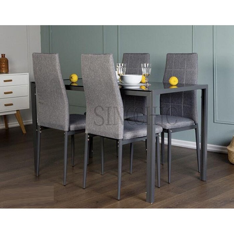 cheap price black tempered glass dining set kitchen dinner table with fabric chairs space saving dining table and chair set