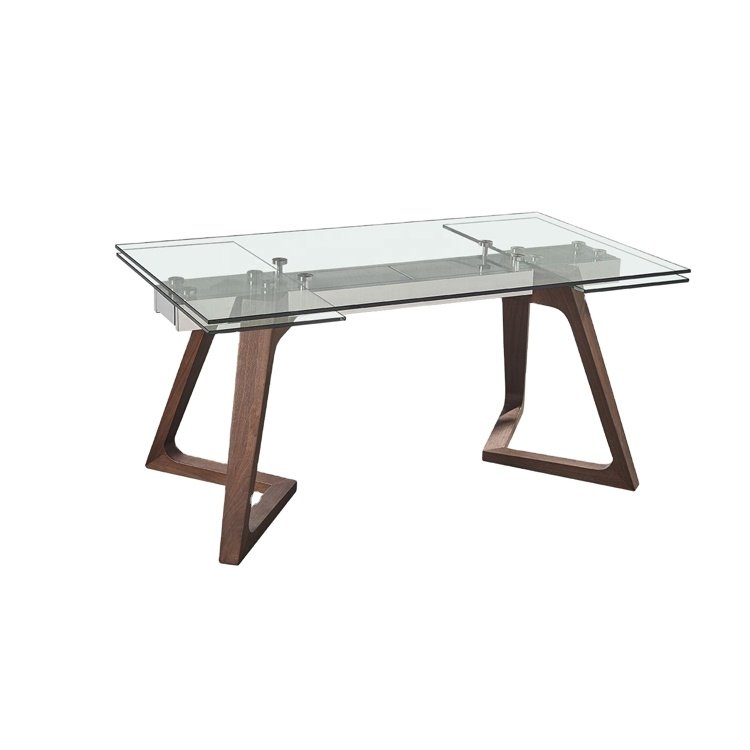Italian Design Tempered Glass Top Solid walnut wood feet base extendable mirrored dining table