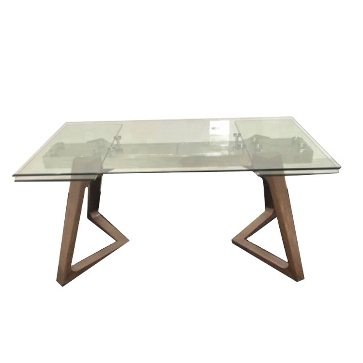 Italian Design Tempered Glass Top Solid walnut wood feet base extendable mirrored dining table