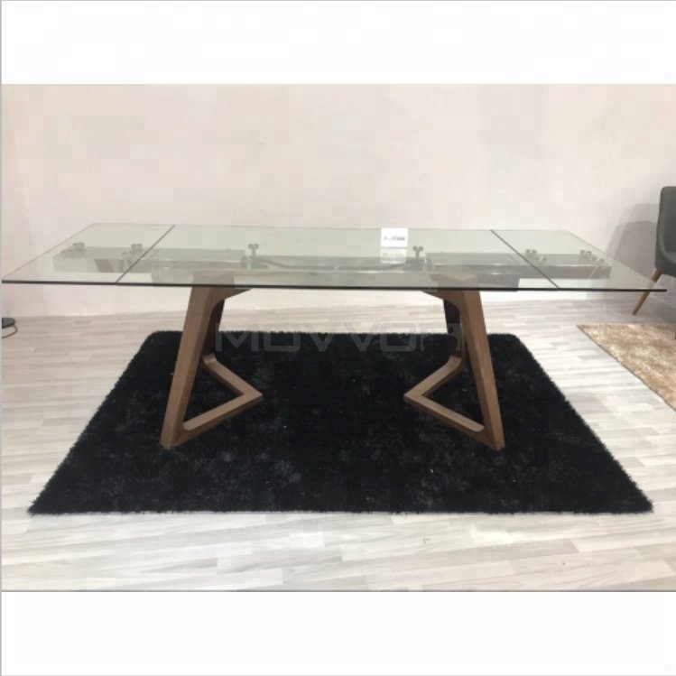 Italian Design Tempered Glass Top Solid walnut wood feet base extendable mirrored dining table