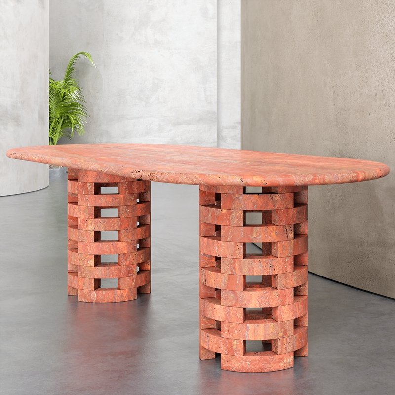 2024 Latest Design Concrete Textured Oval Shaped Large Table Clay Color Travertine Material Dining Table
