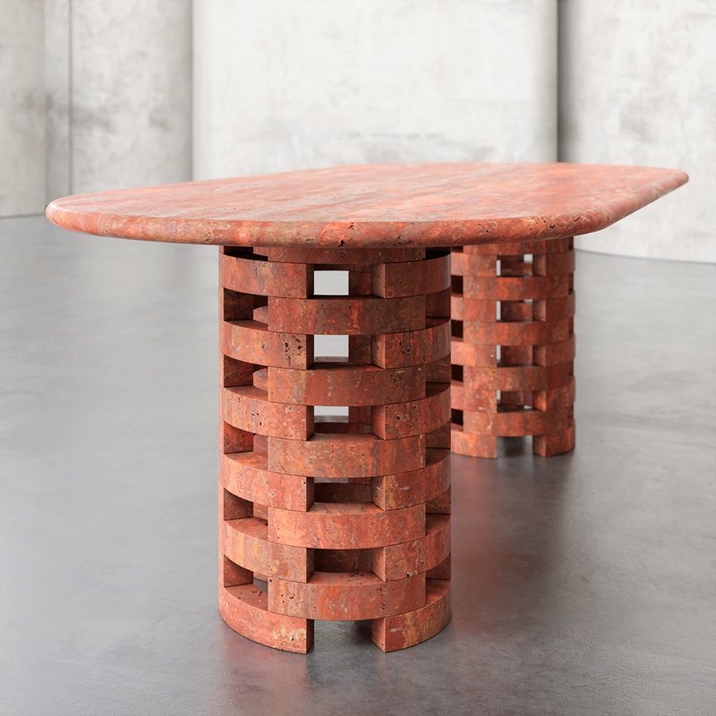 2024 Latest Design Concrete Textured Oval Shaped Large Table Clay Color Travertine Material Dining Table