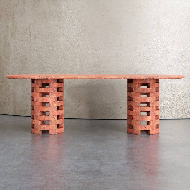 2024 Latest Design Concrete Textured Oval Shaped Large Table Clay Color Travertine Material Dining Table