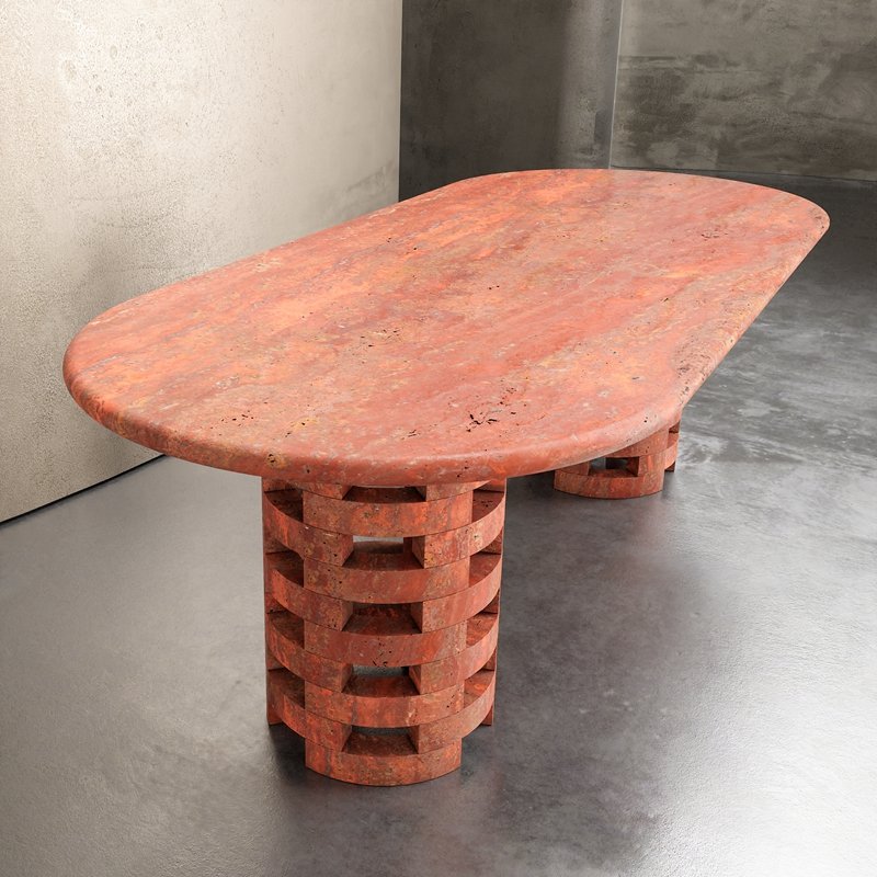 2024 Latest Design Concrete Textured Oval Shaped Large Table Clay Color Travertine Material Dining Table