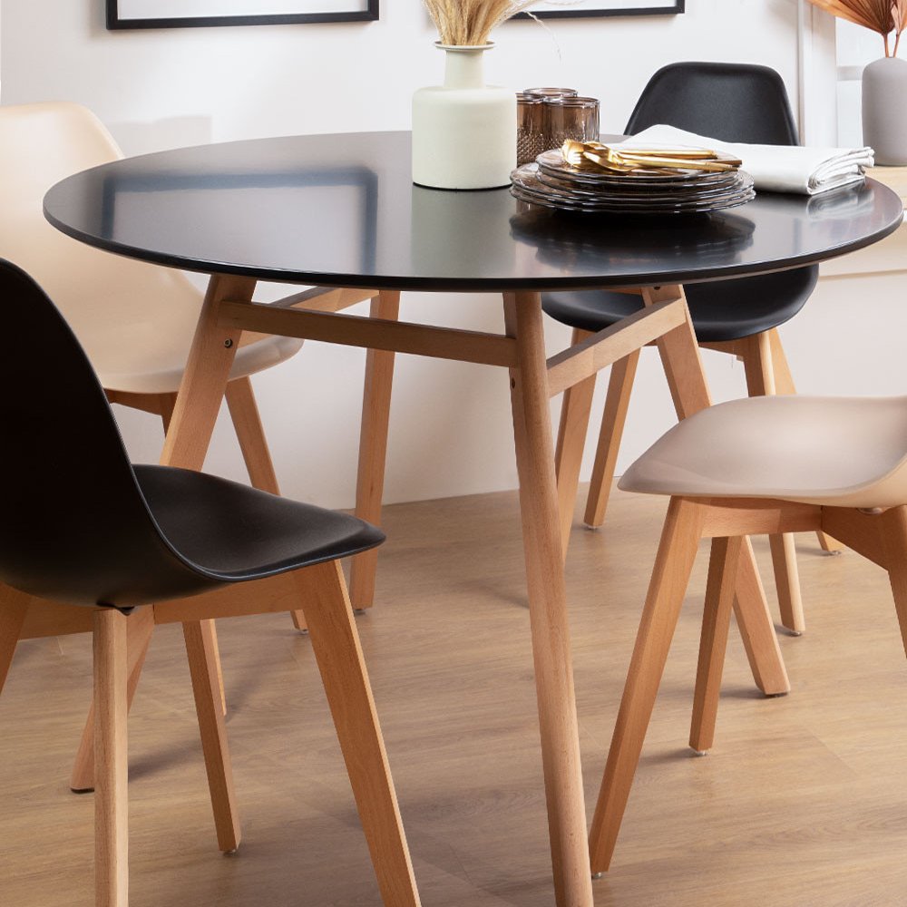 Hot Selling MDF Top Rectangle Dining RoomTable and Chair Solid Wood Legs Black Round Wooden Dining Table 6 chairs