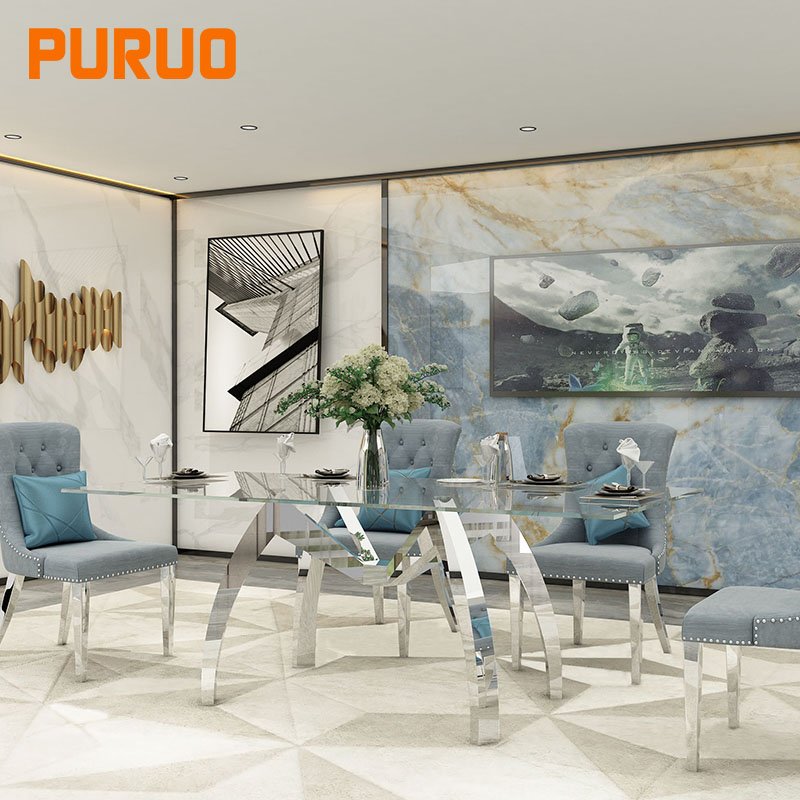 PURUO Modern stainless steel silver glass top dining room dining table set