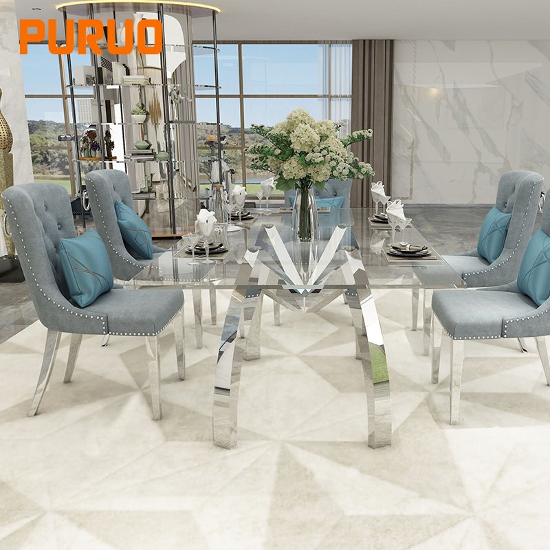 PURUO Modern stainless steel silver glass top dining room dining table set