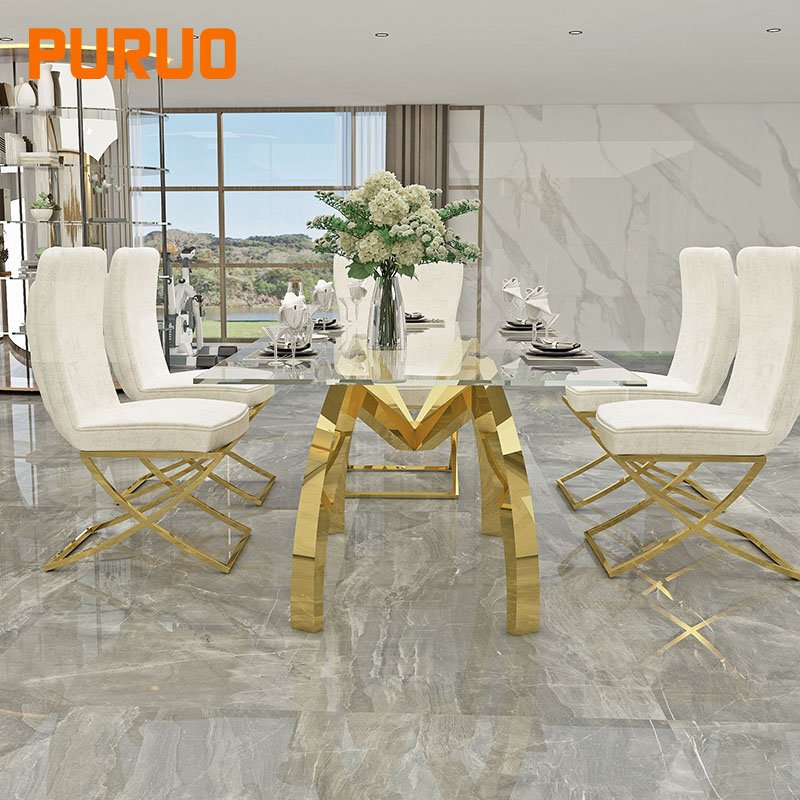 PURUO Modern stainless steel silver glass top dining room dining table set