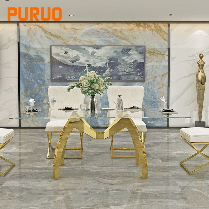 PURUO Modern stainless steel silver glass top dining room dining table set