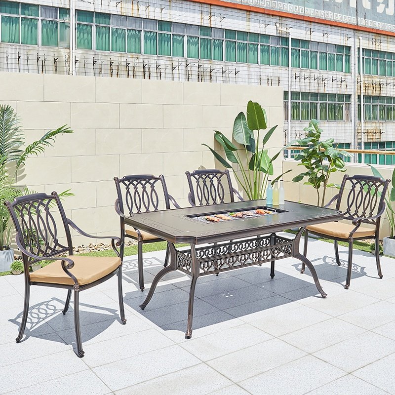 Affordable Modern Garden 7 Piece Dining Set Furniture Outdoor Patio Cast Aluminum Bbq Table and Chairs