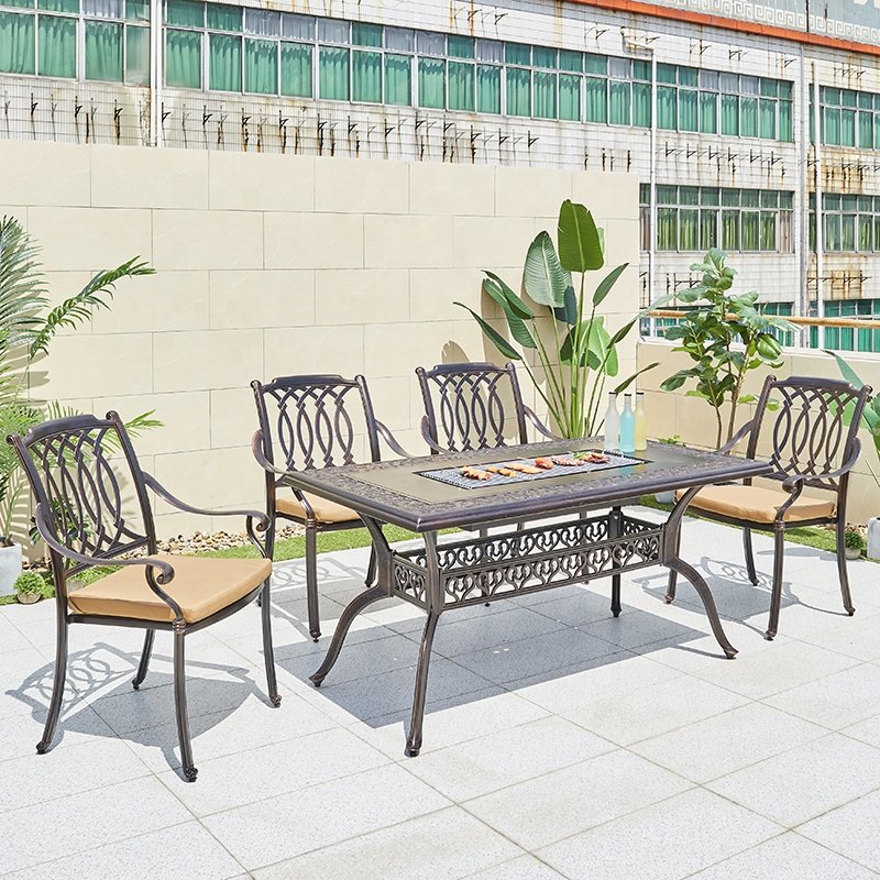 Affordable Modern Garden 7 Piece Dining Set Furniture Outdoor Patio Cast Aluminum Bbq Table and Chairs