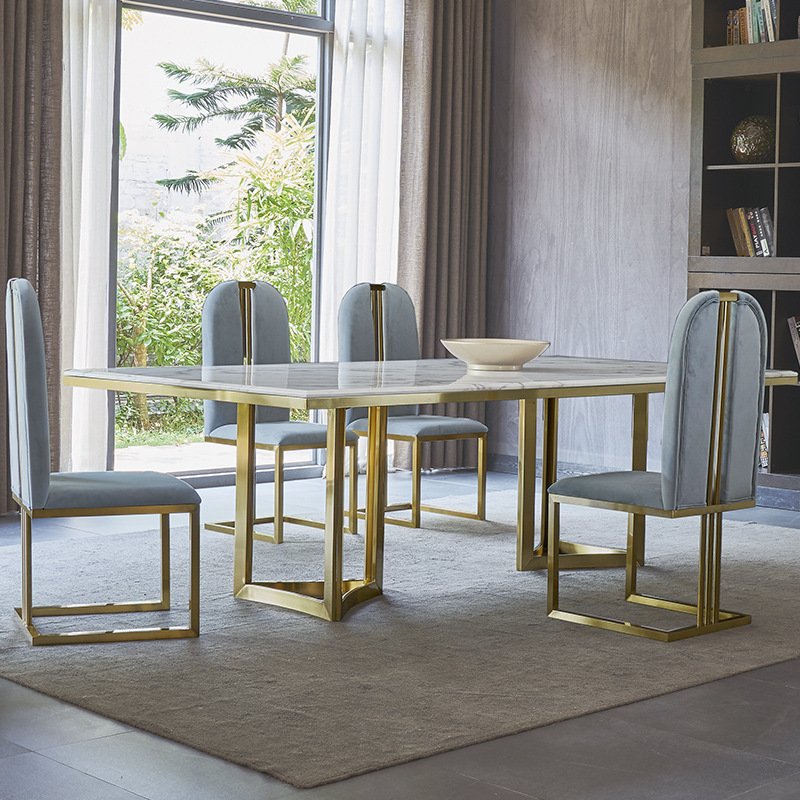 Modern Stainless Steel Rectangle Dining Room Table Sets Marble Top Dining Table For Home Restaurant