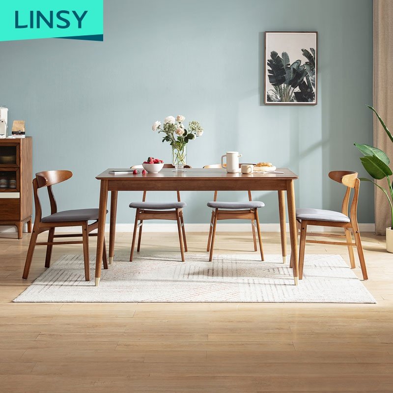 Linsy 4/6 Seater Long Solide Wood Chair Square Wooden Dining Table Set