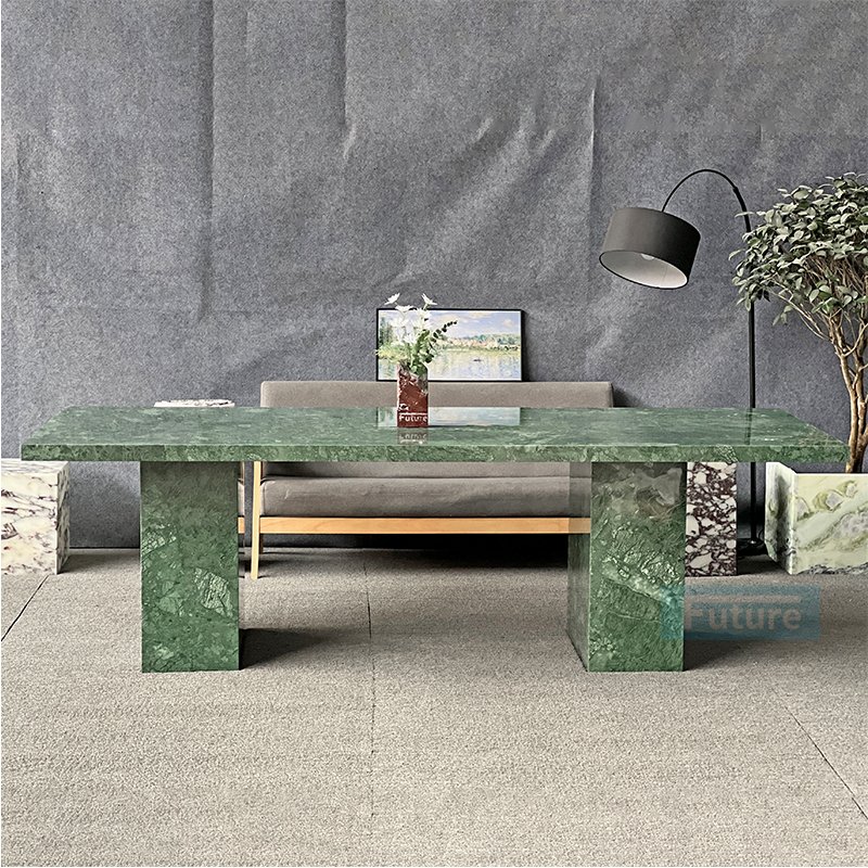 Elegant 6 Seater Recharge Top Natural Emerald Green Marble Dining Table Coffee Table With Marble Leg For Livingroom