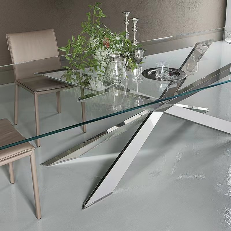 Home furniture modern tempered transparent square glass dining table silver stainless steel