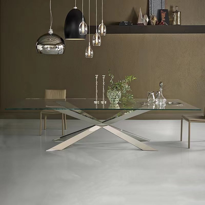 Home furniture modern tempered transparent square glass dining table silver stainless steel