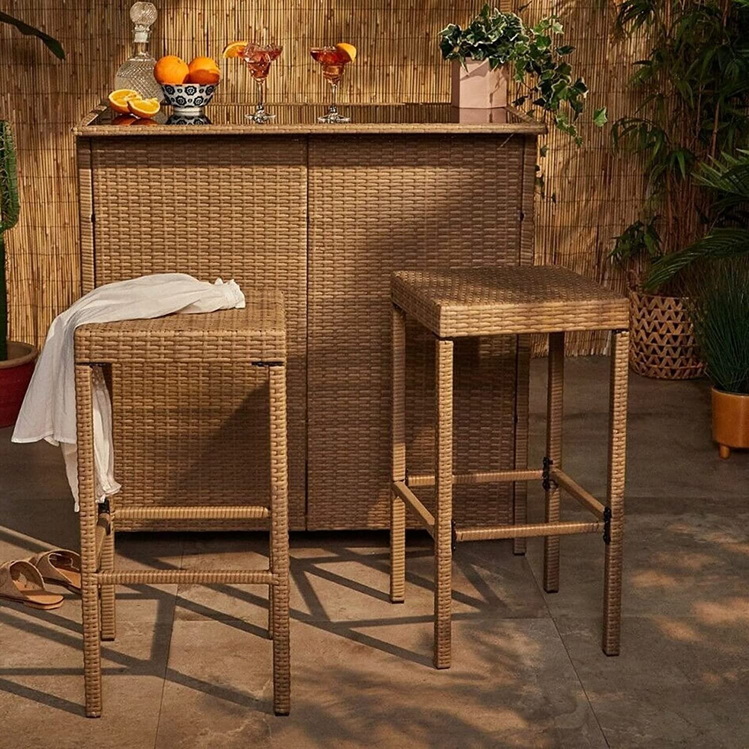 Outdoor Furniture Bistro Table Set Wicker Rattan Bar Set Sectional Height Bar with High Top Table and 2 Pieces Chair, PE Modern