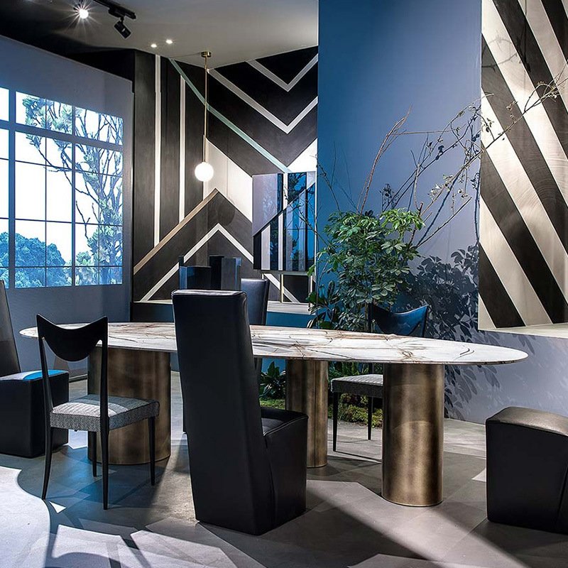 Hot sale dinner table and chair oval salle manger stainless steel leg marble top modern dining table chairs set