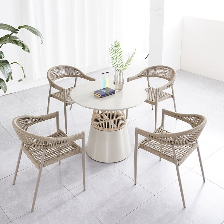 Outdoor Restaurant Patio Courtyard Garden Rope Metal Dining Round Table And 4 Chairs Set