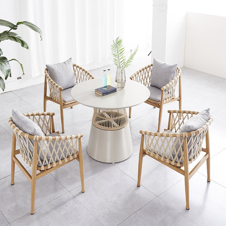 Outdoor Restaurant Patio Courtyard Garden Rope Metal Dining Round Table And 4 Chairs Set