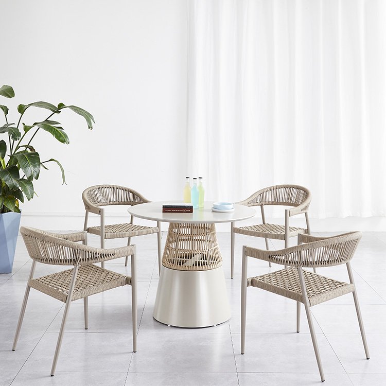 Outdoor Restaurant Patio Courtyard Garden Rope Metal Dining Round Table And 4 Chairs Set