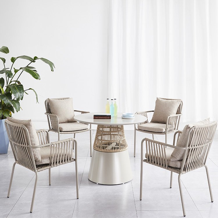 Outdoor Restaurant Patio Courtyard Garden Rope Metal Dining Round Table And 4 Chairs Set