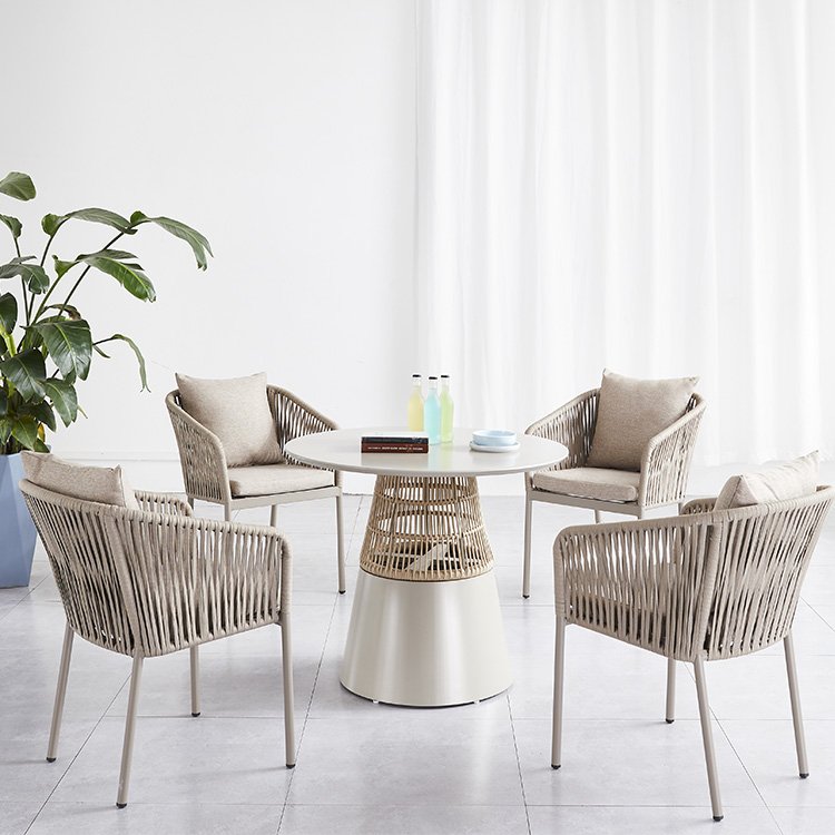 Outdoor Restaurant Patio Courtyard Garden Rope Metal Dining Round Table And 4 Chairs Set