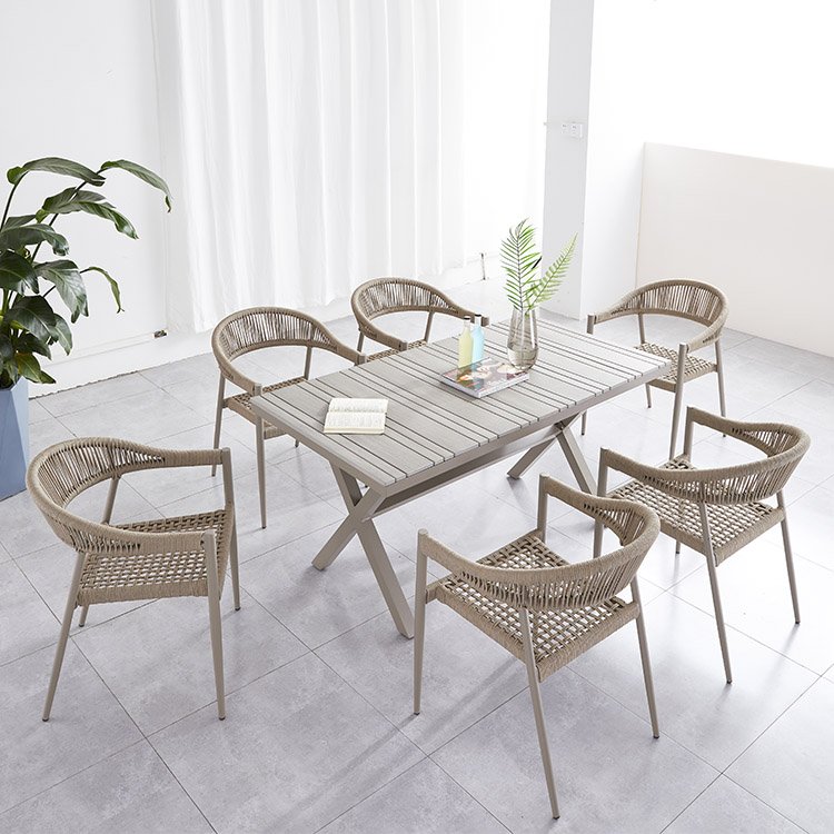 Restaurant Rope Patio Courtyard Outdoor Aluminum Garden Dining Wooden Table Set