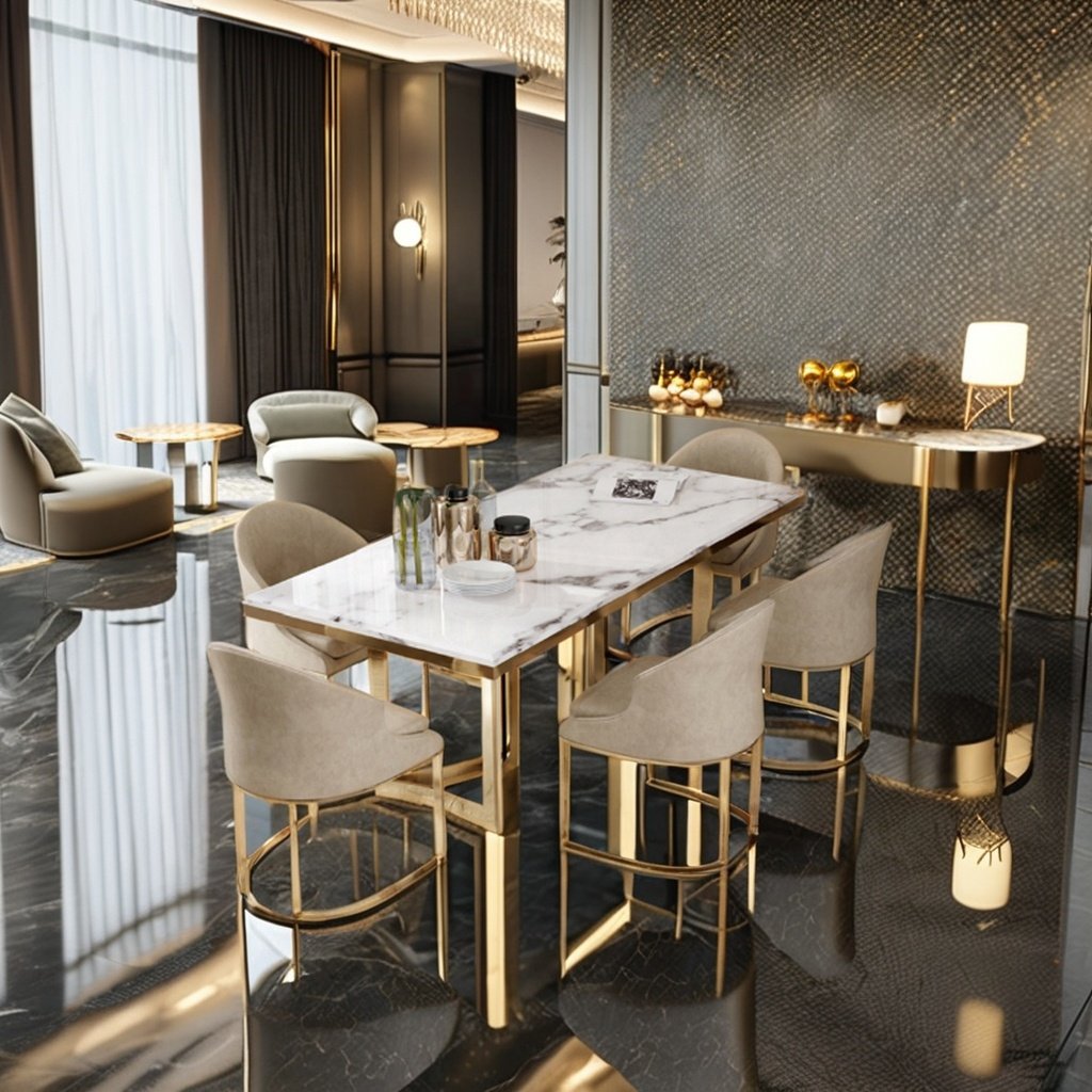 Modern Luxury dining table and chairs Metal Iron Shelf Rock Slab french dining chairs
