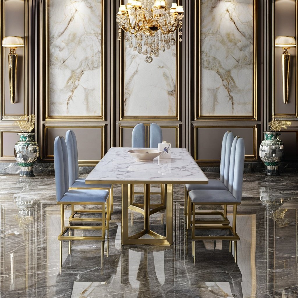 Modern Luxury dining table and chairs Metal Iron Shelf Rock Slab french dining chairs