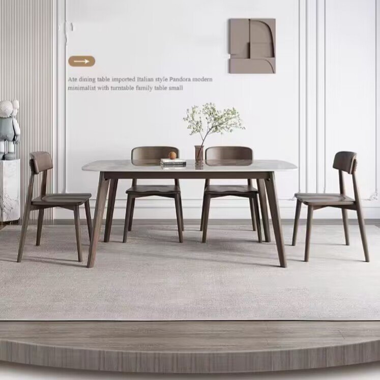 Nordic Modern Simple Rectangular Western Dining Table Chair Combination Solid Wood Bright Polished Sintered Stone Small-sized