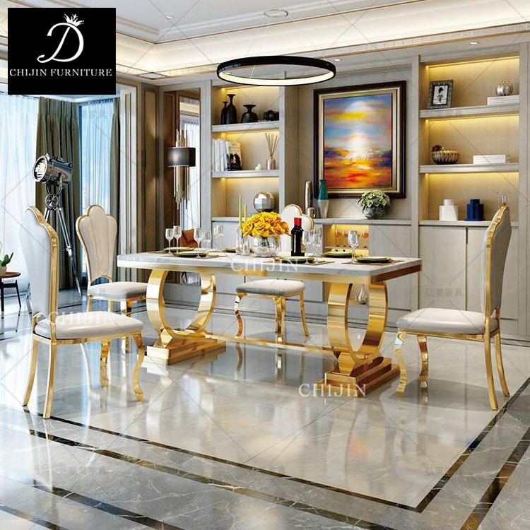 Modern Luxury Dining Table Set 8 Seater Restaurant Stainless Steel Metal Table Legs Marble Dining Table And Chairs Furniture