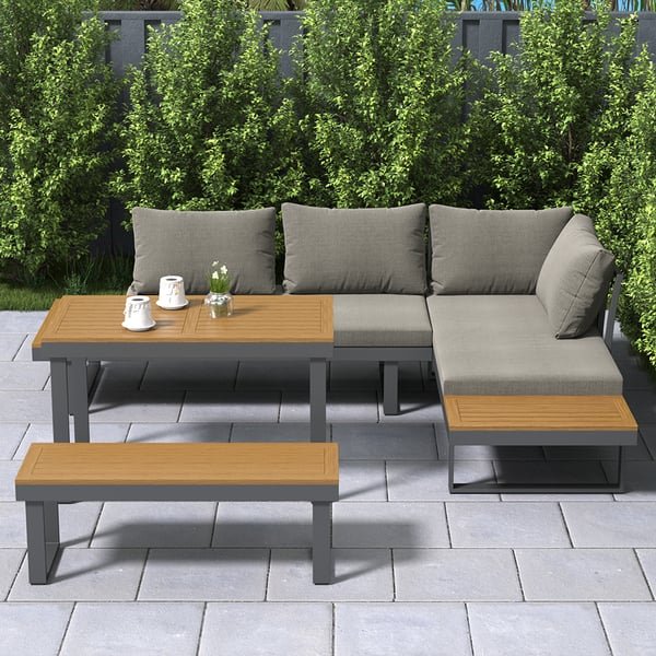Aluminum Wood Outdoor Balcony Sectional Sofa Set for 5 Person with Dining Table Garden furniture