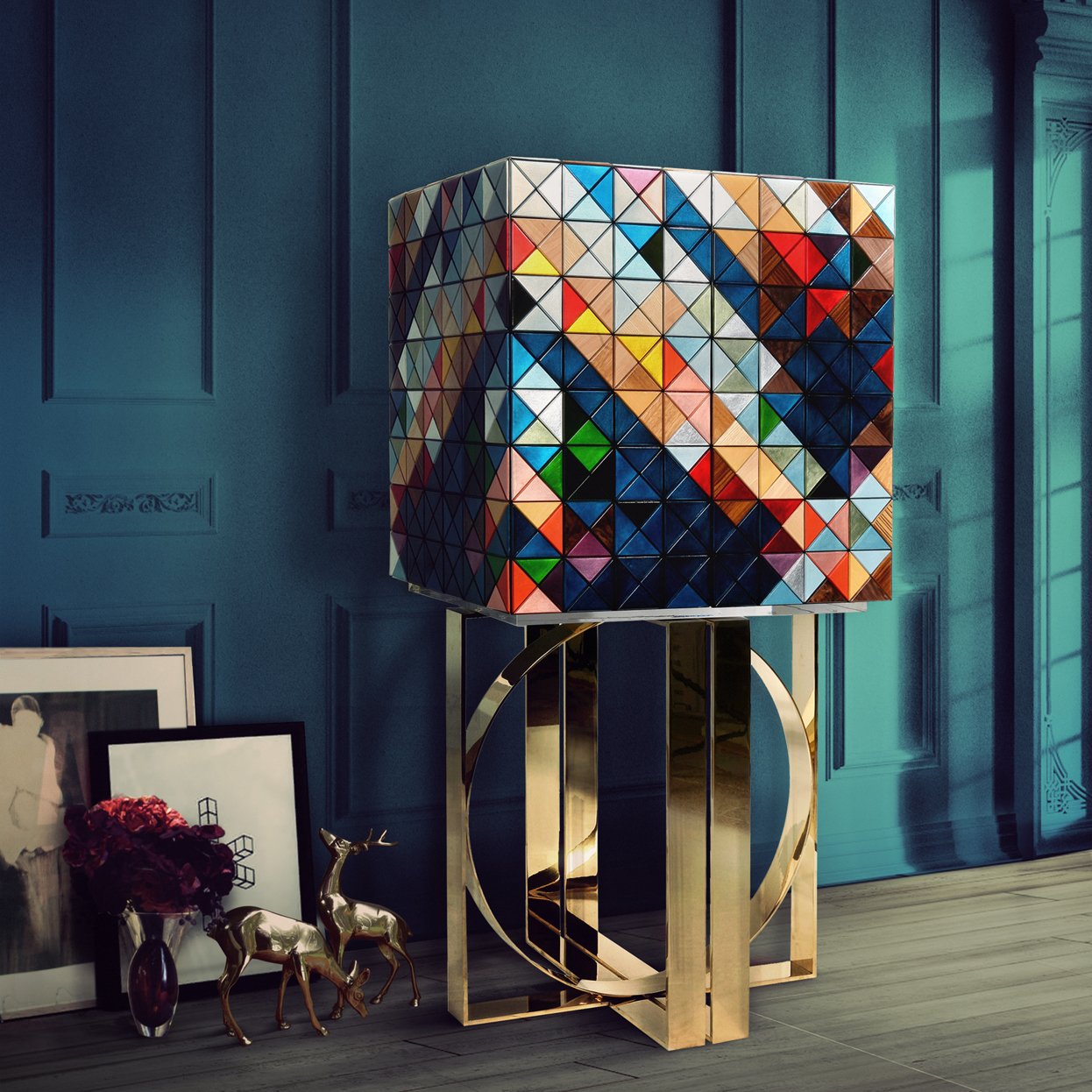BOCA DO LOBO Luxury customized colorful handmade painting storage poxel wine cabinet buffet sideboard
