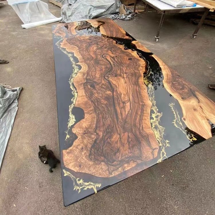 Luxury Factory Direct Solid Walnut Wood Cafe Coffee Kitchen Restaurant MORE DESIGN River Epoxy Resin Slab Dining Table