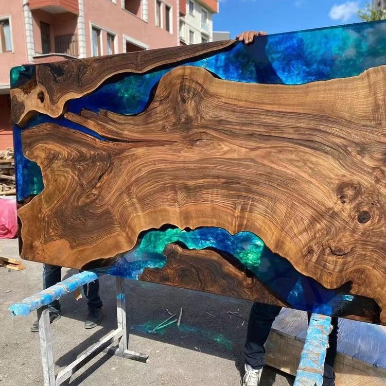 Luxury Factory Direct Solid Walnut Wood Cafe Coffee Kitchen Restaurant MORE DESIGN River Epoxy Resin Slab Dining Table
